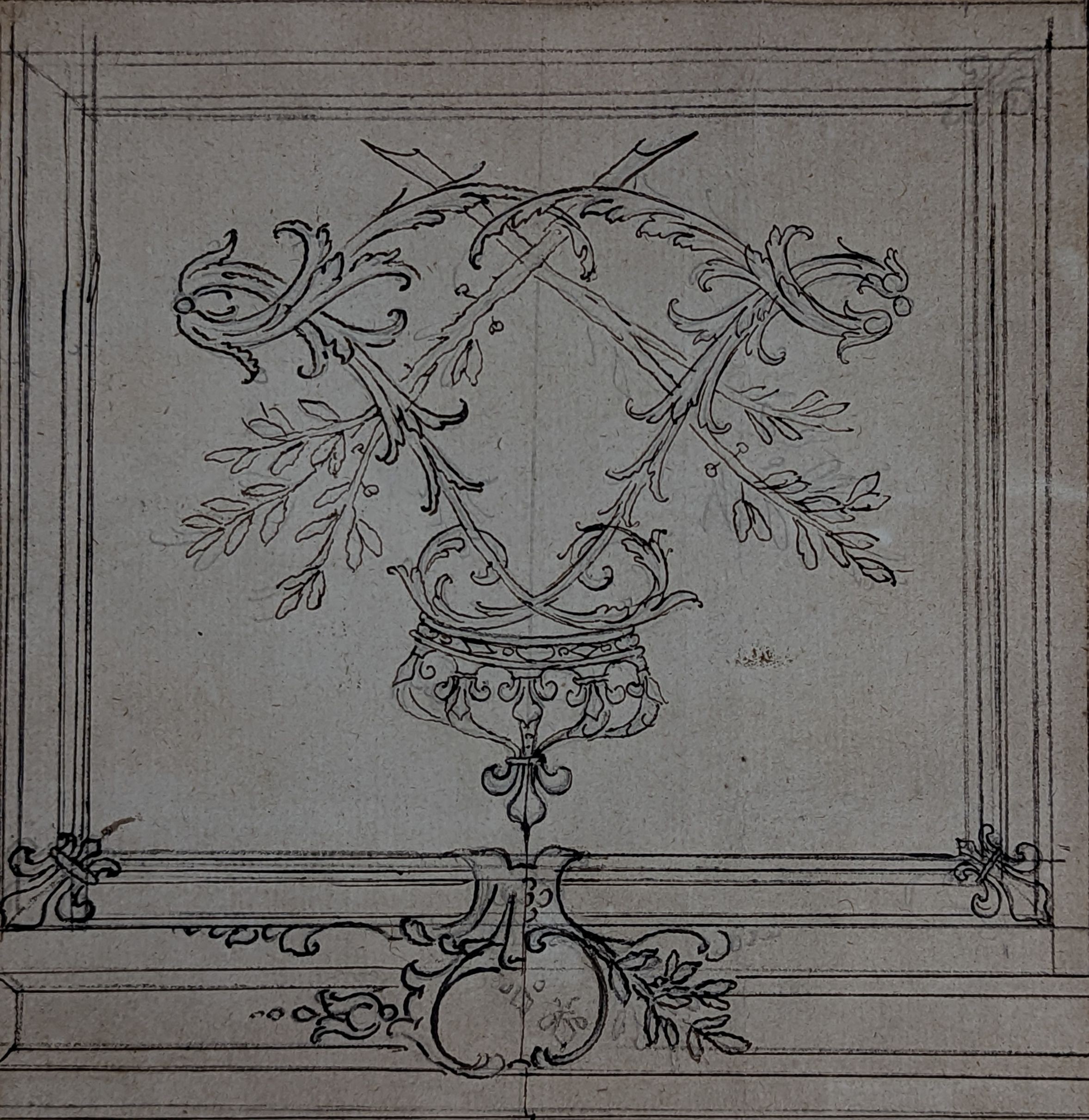 French School c.1750, pen and ink, The Royal Cypher of Louis XV, 18 x 17cm